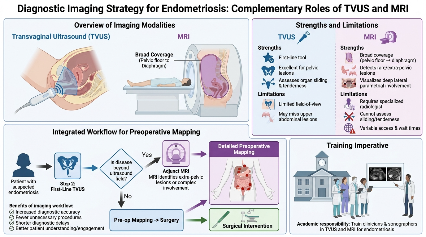 Diagram comparing the roles of transvaginal ultrasound (TVUS) and MRI in diagnosing endometriosis. It shows imaging modalities, their strengths and limitations, and an integrated workflow for preoperative mapping, emphasizing MRI's detailed mapping a