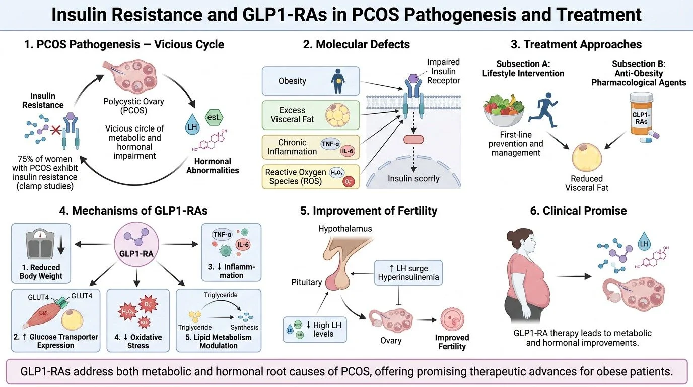 A scientific infographic titled "Insulin Resistance and GLP1-RAs in PCOS Pathogenesis and Treatment" illustrates six sections on PCOS, molecular defects, treatment approaches, mechanisms of GLP1-RAs, fertility improvement, and clinical promise, with 