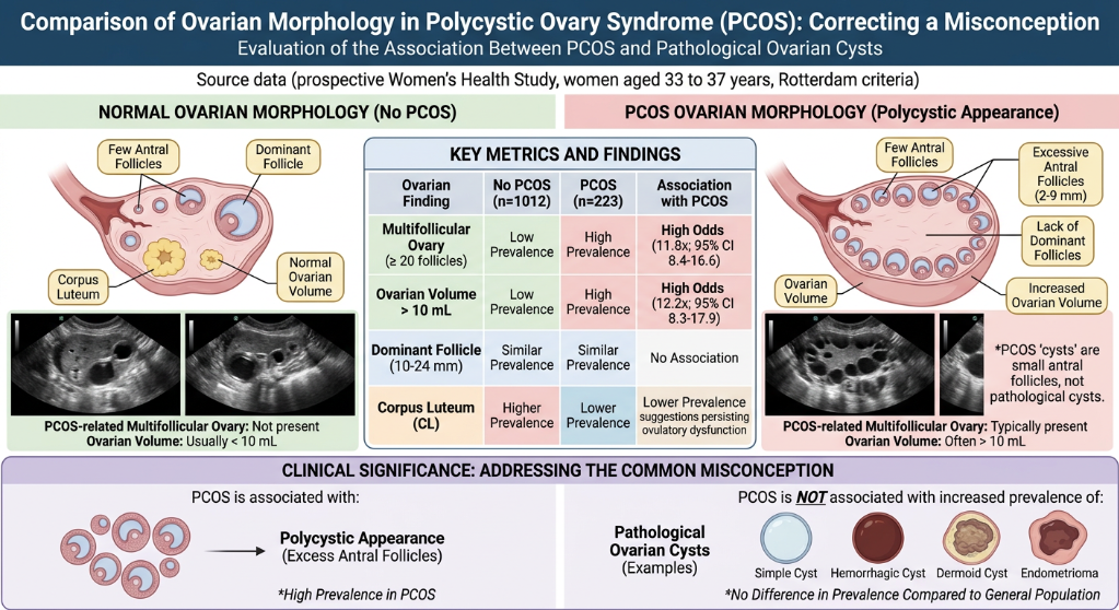 Chart comparing ovarian morphology in PCOS and normal ovaries, with ultrasound images and statistics on ovarian features and prevalence.