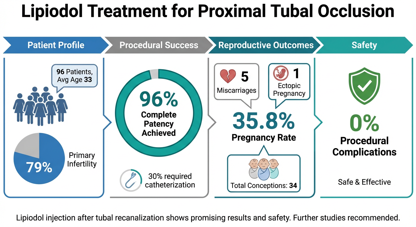 A medical infographic titled 'Lipiodol Treatment for Proximal Tubal Occlusion' displaying patient profile, procedural success, reproductive outcomes, and safety data. It shows 96 patients with an average age of 33, 79% primary infertility, 96% complete patency achieved, a 35.8% pregnancy rate, 5 miscarriages, 1 ectopic pregnancy, and 34 total conceptions, all with 0% procedural complications.