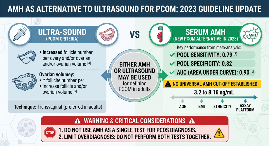 Comparison infographic of ultrasound and serum AMH as guidelines for PCOM, highlighting the criteria, sensitivity, specificity, and key considerations.