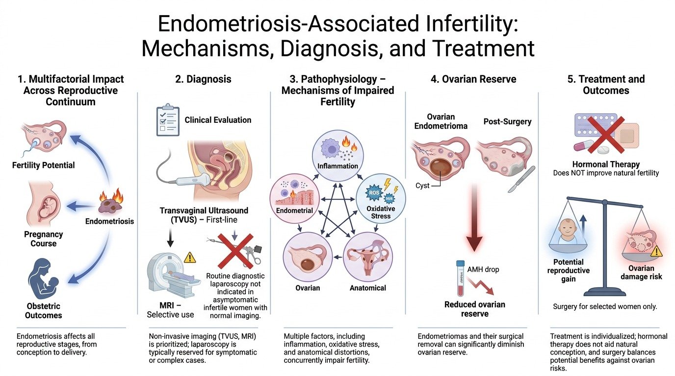 Infographic titled 'Endometriosis-Associated Infertility: Mechanisms, Diagnosis, and Treatment' with five sections explaining the impact of endometriosis on fertility. Section 1 shows hormonal impact and reproductive outcomes. Section 2 depicts clini