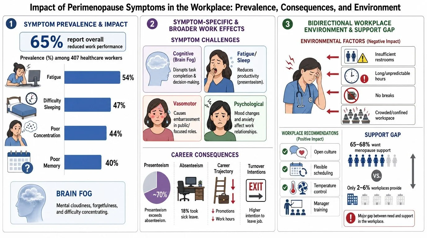 An infographic illustrating the impact of perimenopause symptoms in the workplace, including prevalence among healthcare workers, specific symptoms like fatigue, sleep difficulty, poor concentration, brain fog, and their effects, along with symptoms 