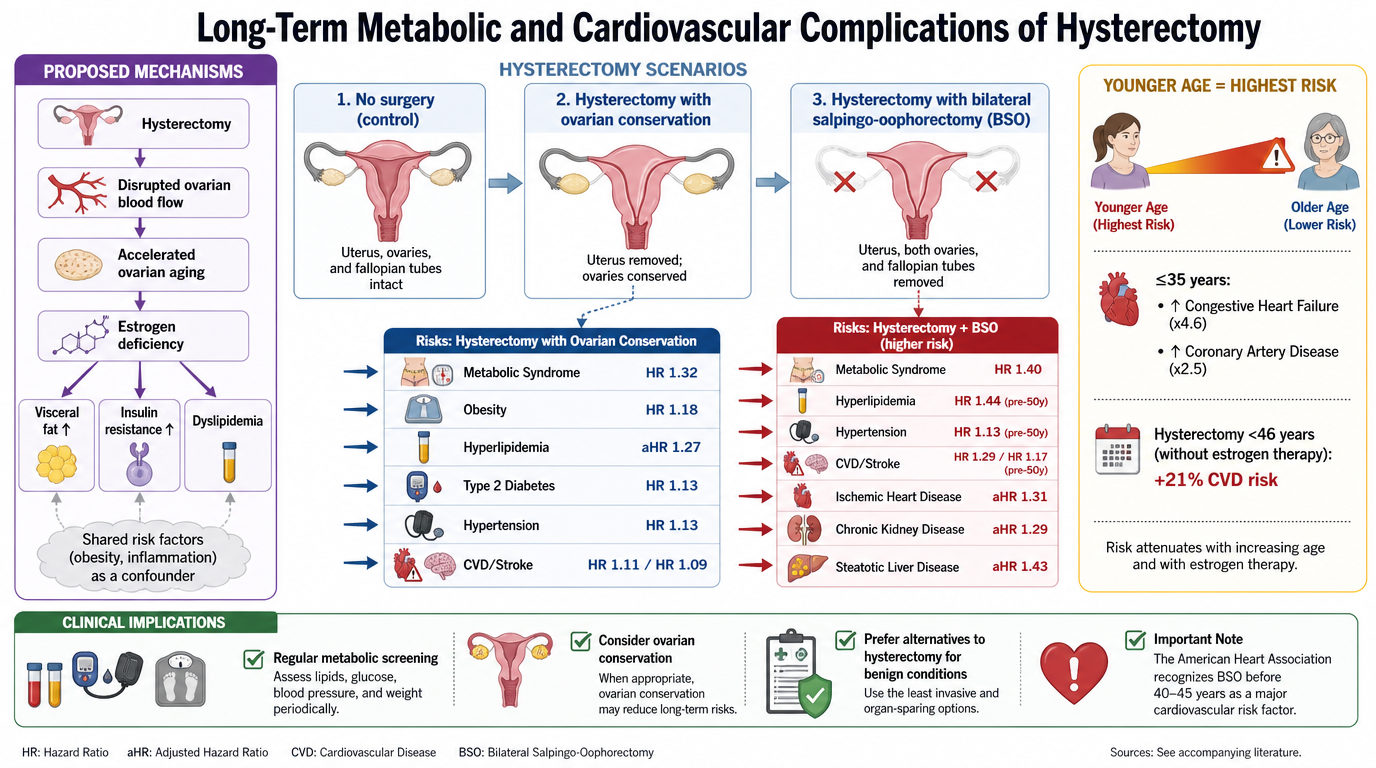 A detailed infographic showing the long-term metabolic and cardiovascular complications of hysterectomy, comparing scenarios of no surgery, hysterectomy with ovarian conservation, and hysterectomy with bilateral salpingo-oophorectomy. It highlights r