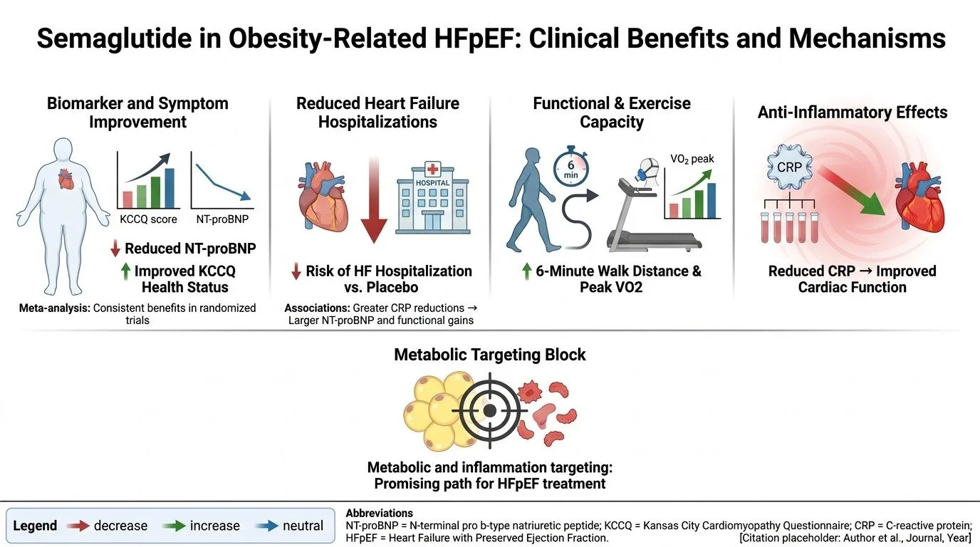  infographic titled 'Semaglutide in Obesity-Related HFpEF: Clinical Benefits and Mechanisms' outlining clinical benefits of Semaglutide for heart failure and obesity. Shows improvements in biomarker and symptom scores; reduced heart failure hospitali