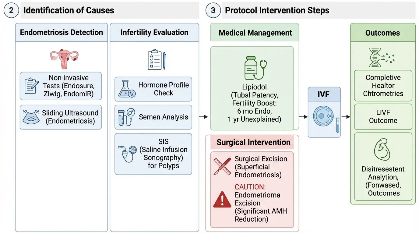 Flowchart of causes, diagnostic tests, treatment options, and outcomes for endometriosis-related infertility. It includes sections on endometriosis detection, infertility evaluation, medical management with Lipiodol and FSH stimulation, surgical excision, and potential outcomes like pregnancy and live birth rate.