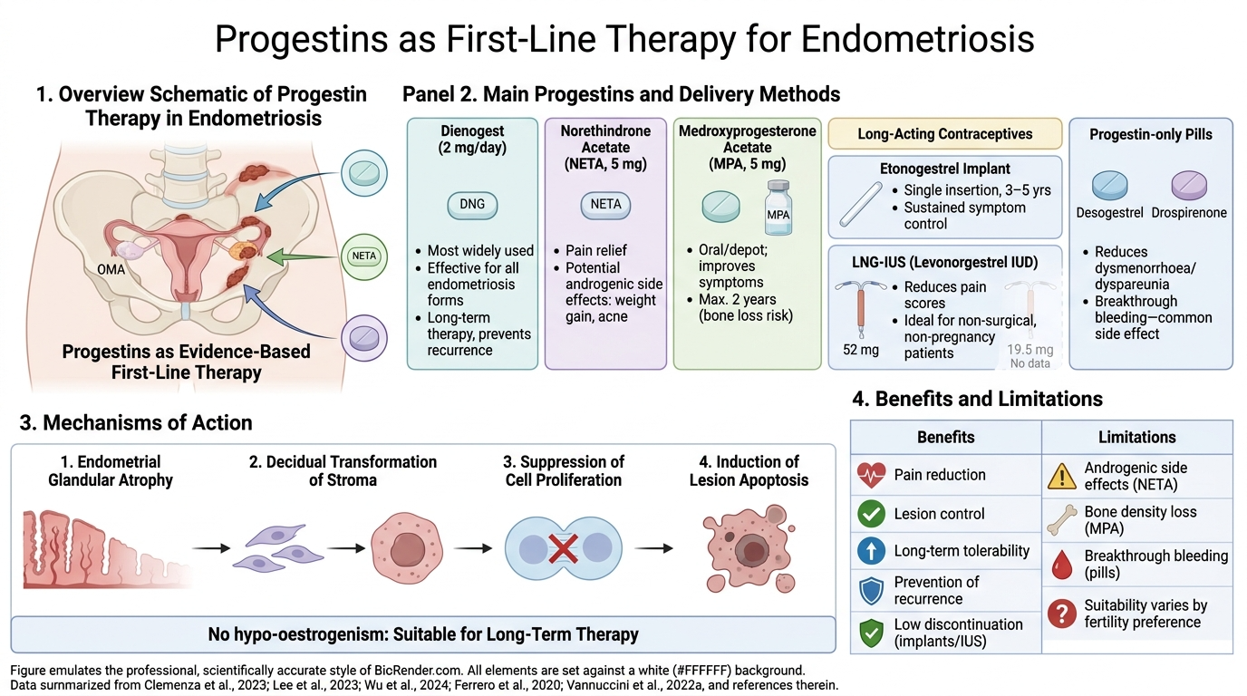 Diagram presenting prostaglandins as first-line therapy for endometriosis, showing mechanisms of action, delivery methods, and benefits and limitations of various treatments.