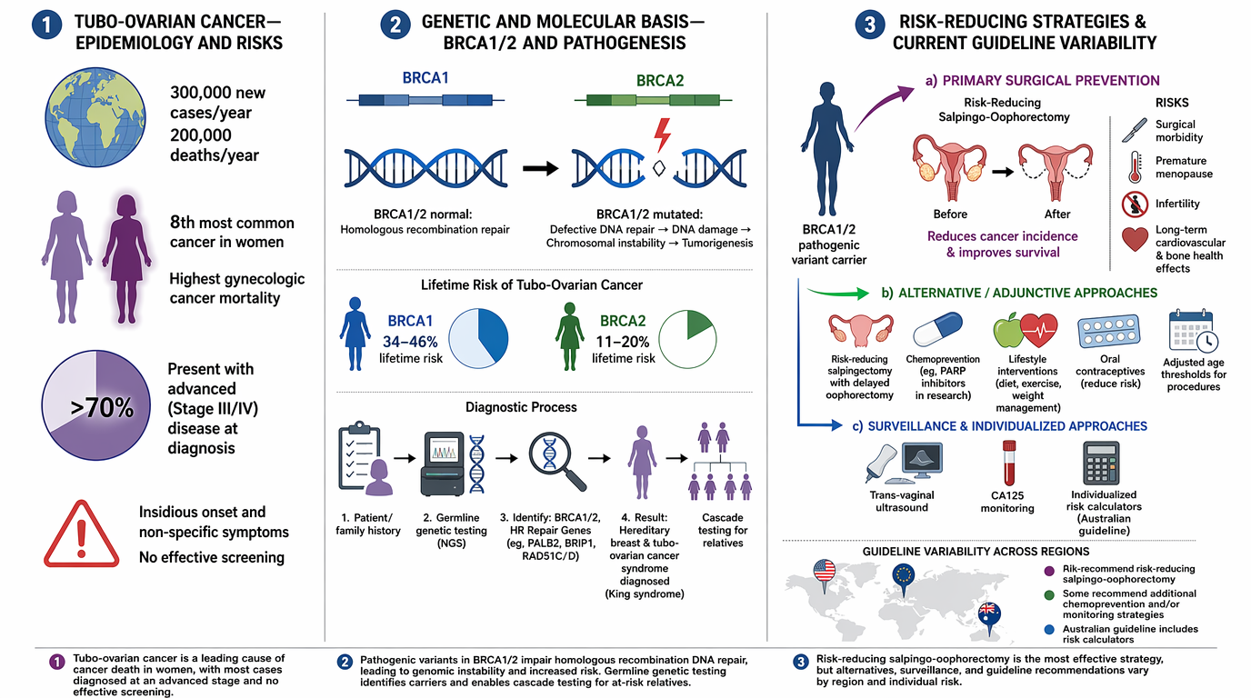 An infographic about tubo-ovarian cancer, detailing epidemiology and risks, BRCA1/2 genetics and pathogenesis, and risk-reducing strategies including primary prevention, alternative approaches, and surveillance.