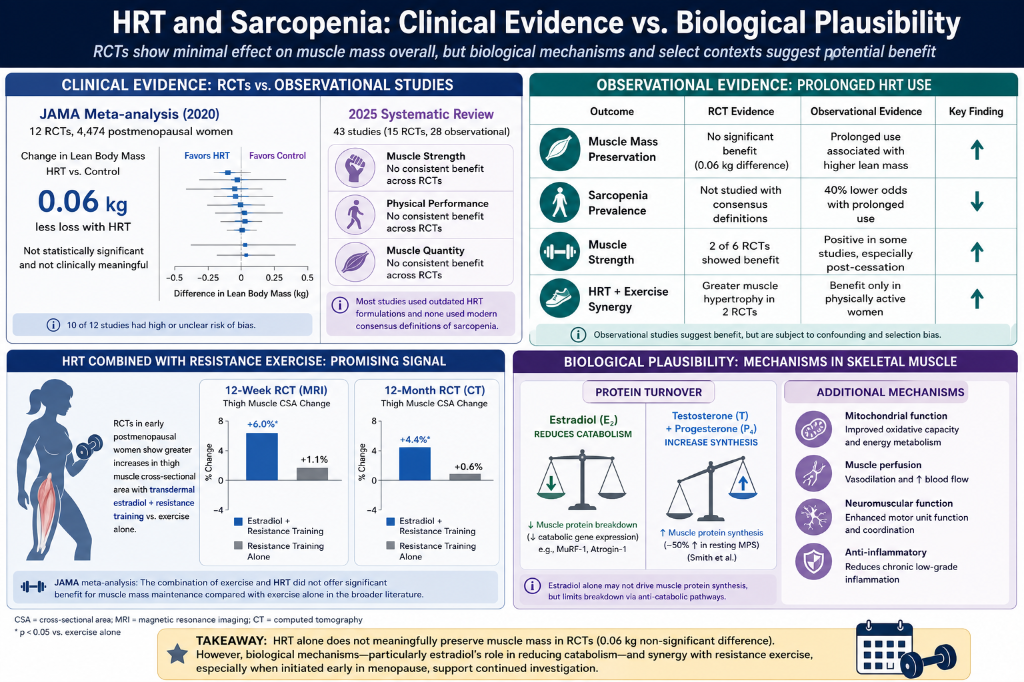 A comprehensive infographic discussing HRT and sarcopenia, including clinical evidence, observational evidence, resistance exercise, and biological mechanisms in skeletal muscle. It features graphs, key findings, and scientific data supporting the be