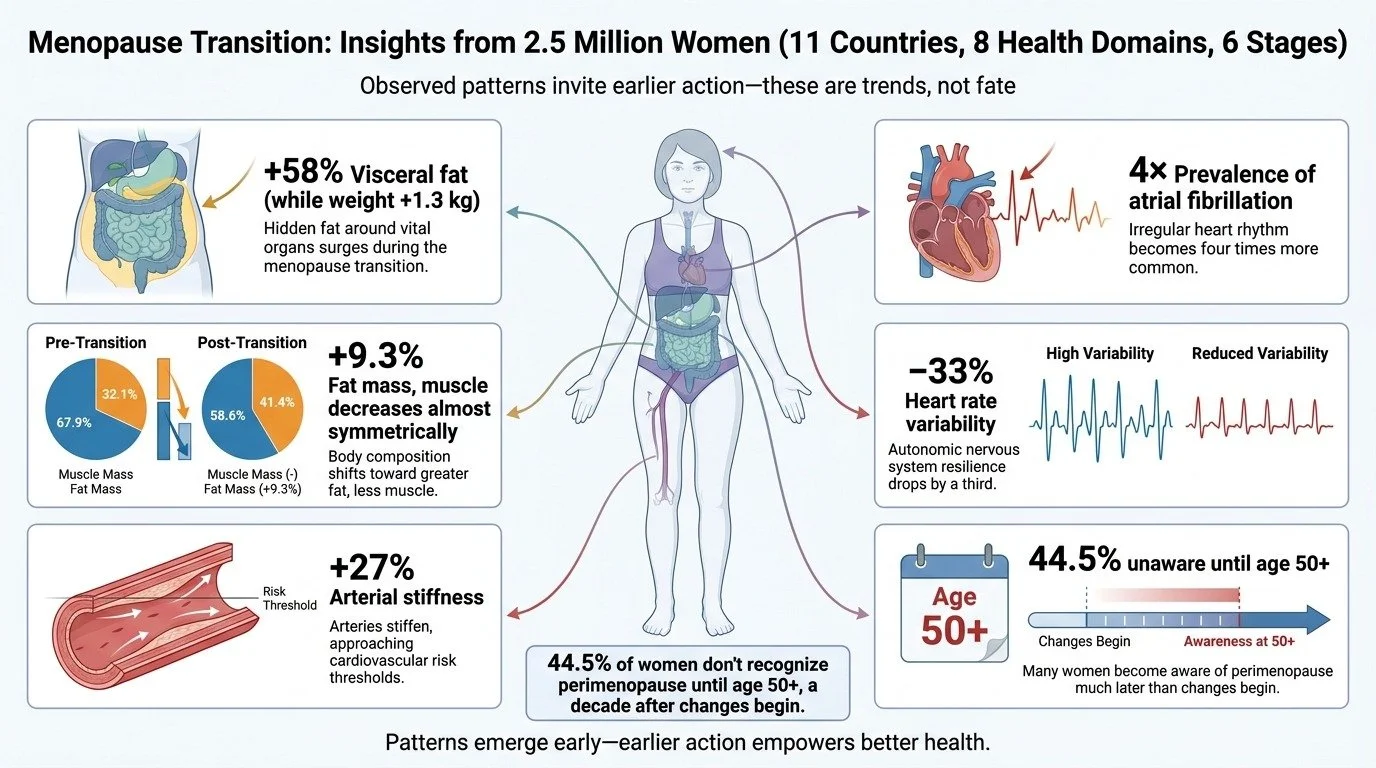 Infographic showing menopause transition insights from 2.5 million women, including trends in visceral fat, atrial fibrillation, heart rate variability, arterial stiffness, and age-related awareness of menopause.