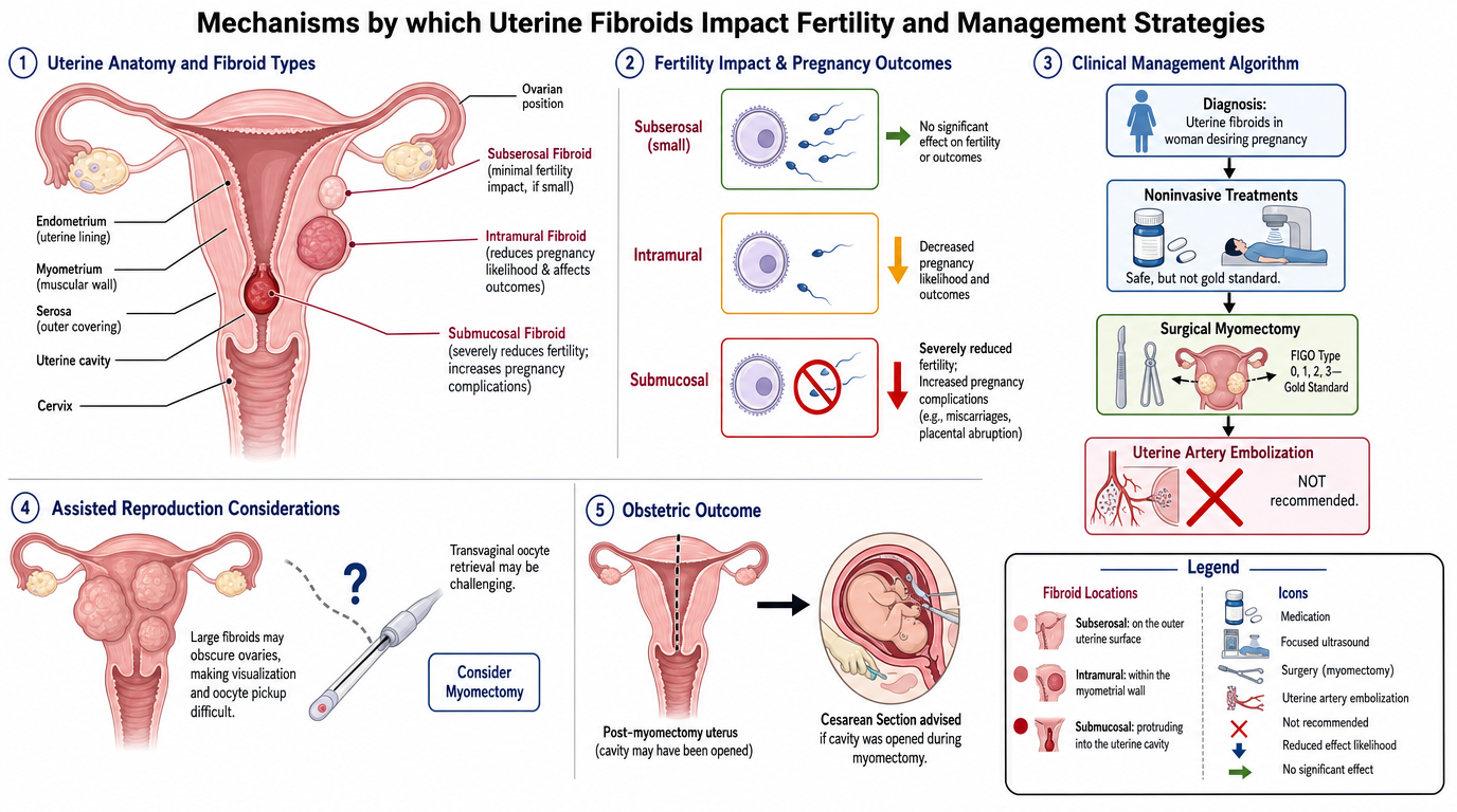 Diagram showing mechanisms by which uterine fibroids impact fertility and management strategies, including uterine anatomy, fertility outcomes, clinical algorithms, assisted reproduction, and obstetric outcomes.