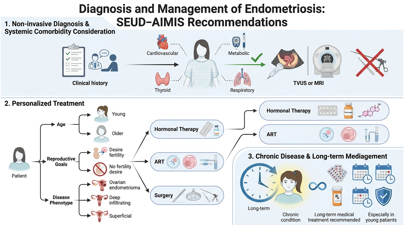 Flowchart detailing diagnosis and management of endometriosis, including steps for non-invasive diagnosis, personalized treatment options like hormonal therapy, ART, surgery, and long-term medication, with icons representing clinical history, imaging