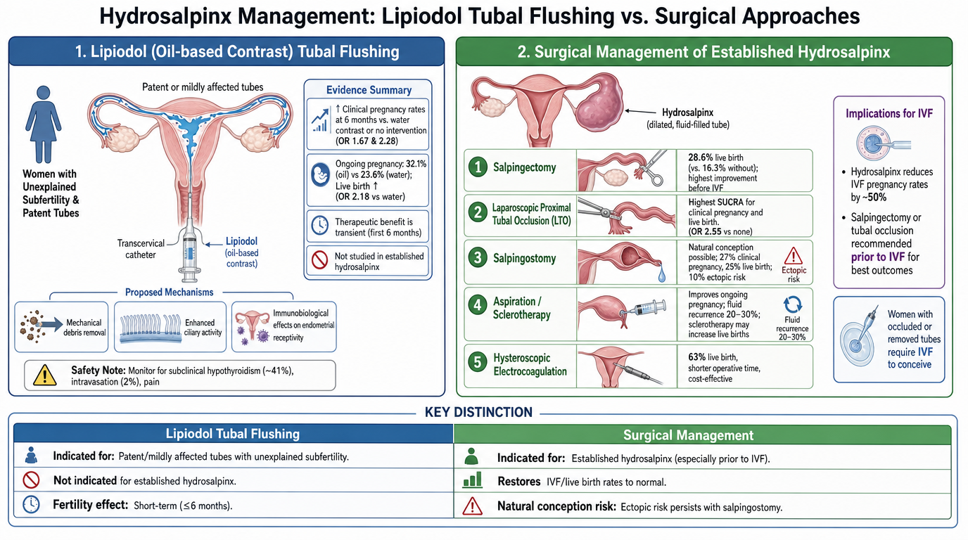 Chart comparing lipiodol tubal flushing and surgical management of hydrosalpinx. The left side shows lipiodol tubal flushing, used for women with patent or mildly affected tubes, highlighting mechanisms and safety notes. The right side details surgic