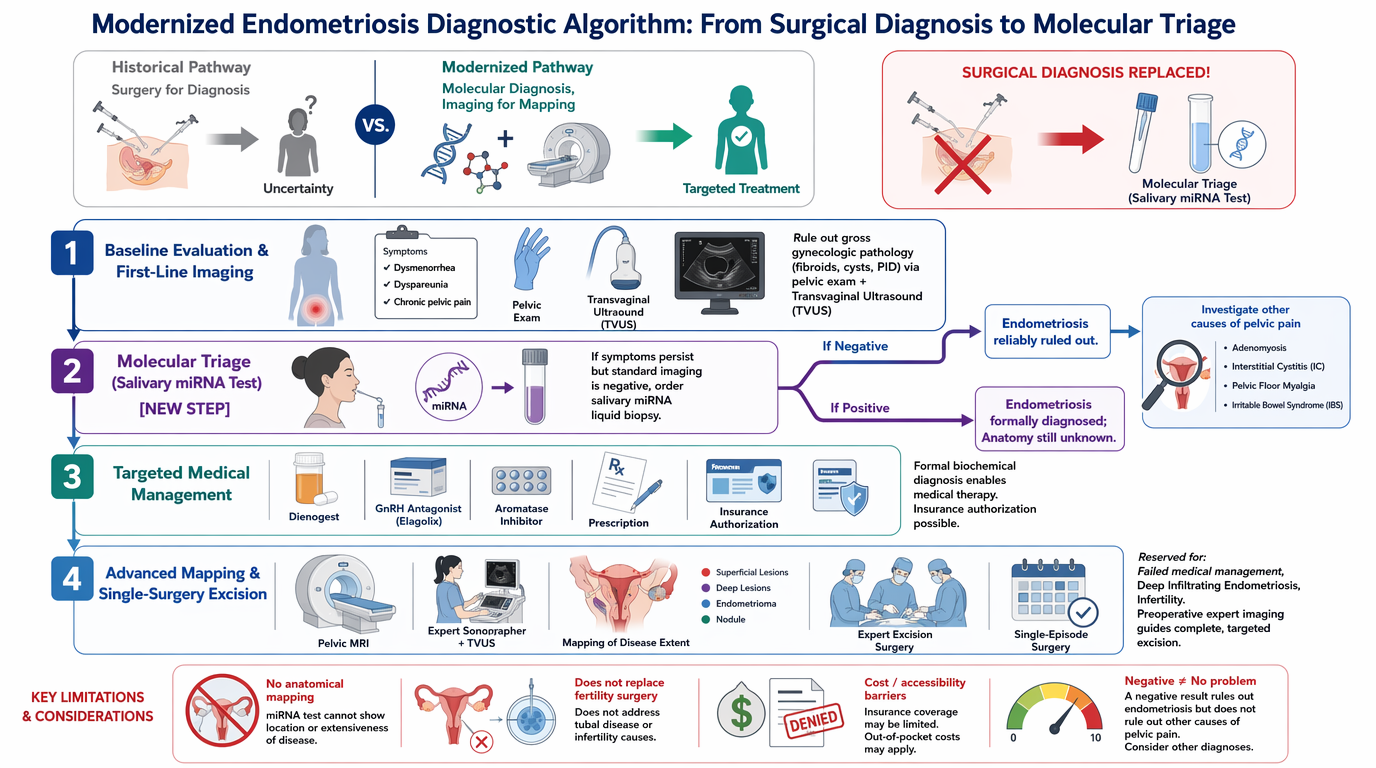 Flowchart illustrating the modernization of endometriosis diagnosis from surgical diagnosis to molecular triage. It compares the historical pathway of surgery with the modernized pathway using molecular diagnosis, including baseline evaluation, molec