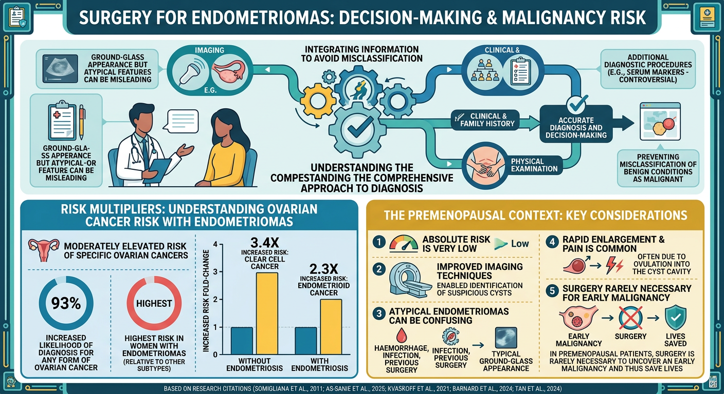 Infographic titled 'Surgery for Endometriomas: Decision-Making & Malignancy Risk.' It illustrates the diagnostic process with imaging and clinical assessment, risks of ovarian cancer associated with endometriomas, key considerations for premenauspal 
