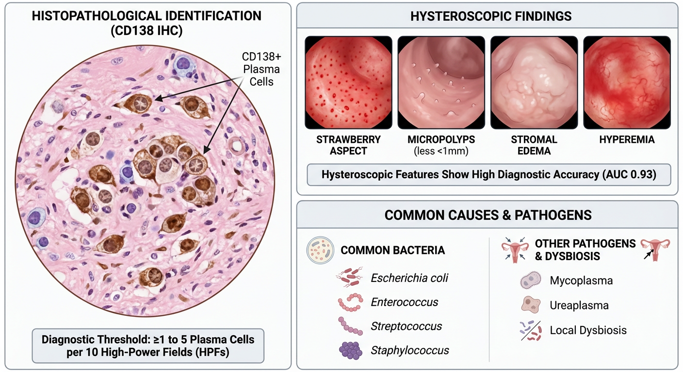 Diagram showing histopathological identification of CD138 positive plasma cells and hysteroscopic findings of strawberry aspect, micropolyps, stromal edema, and hyperemia. It also lists common bacteria like Escherichia coli, Enterococcus, Streptococcus, and Staphylococcus, along with other pathogens and dysbiosis causes such as mycoplasma, Ureaplasma, and local dysbiosis.