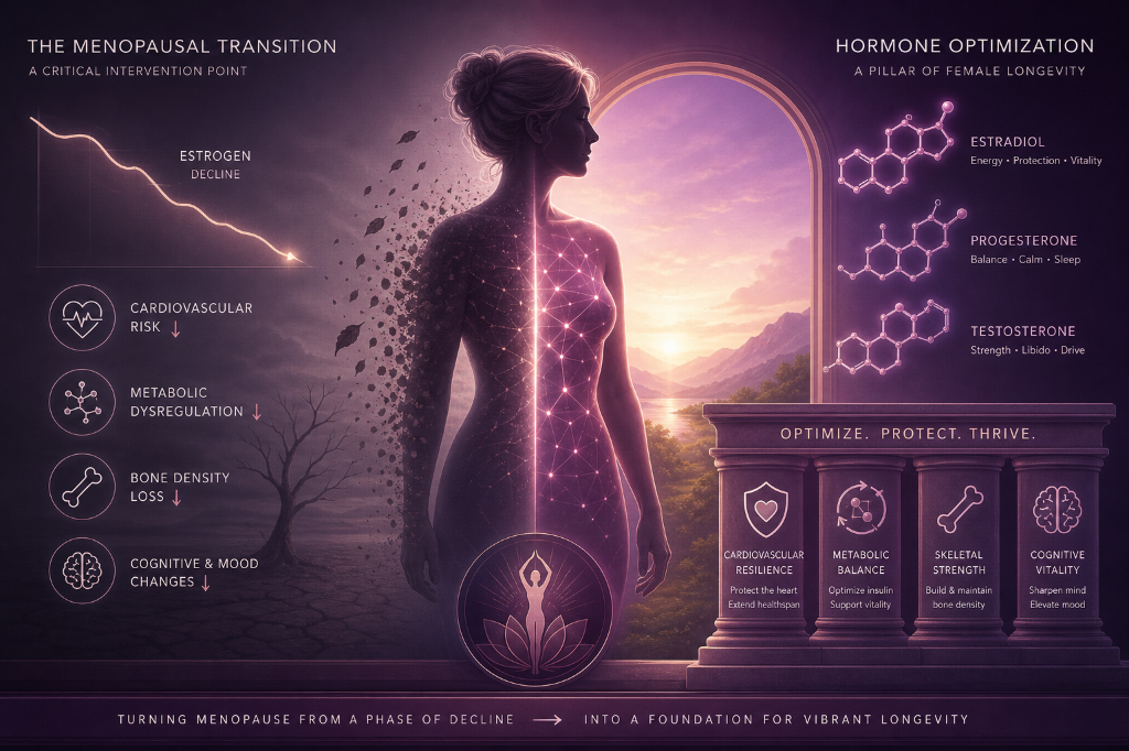 An infographic illustrating menopause transition and hormone optimization for female longevity. It shows the decline of estrogen and associated health risks such as cardiovascular risk, metabolic dysregulation, bone density loss, and mood changes. On