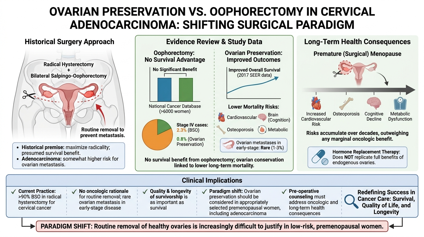 A medical infographic comparing ovarian preservation and oophorectomy in cervical adenocarcinoma. The left side illustrates a historical surgery approach with radical hysterectomy and bilateral salpingo-oophorectomy. The center presents evidence revi