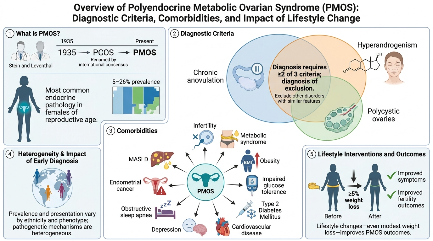 Diagram providing an overview of polycystic ovary syndrome (PCOS) and its related diagnostic criteria, comorbidities, and lifestyle impacts. The image includes sections on the definition and history of PMOS, diagnostic criteria involving chronic anov