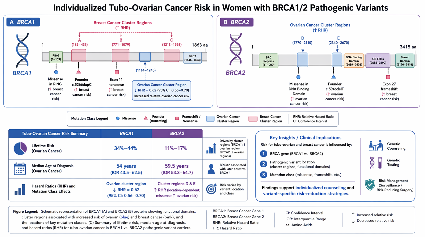 A scientific infographic comparing the risk of tubo-ovarian cancer in women with BRCA1 and BRCA2 genetic variants. It includes detailed diagrams of the proteins, showing mutation locations, cluster regions, and regions associated with increased cance