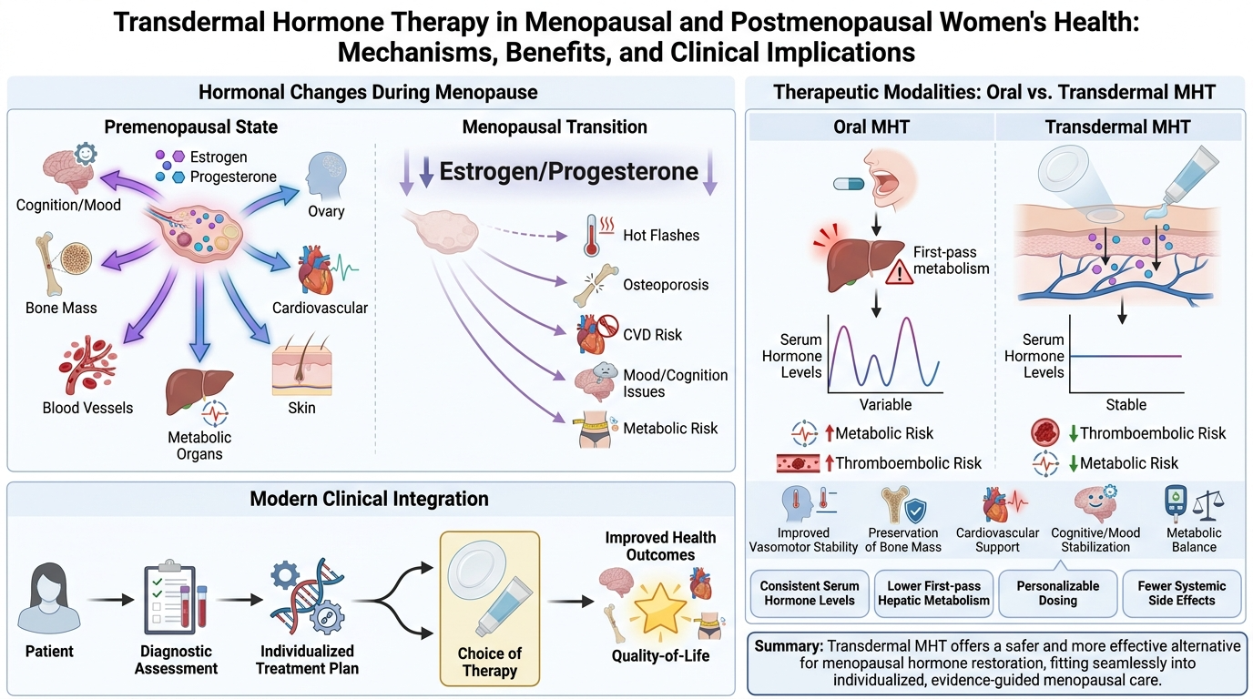 Diagram illustrating transdermal hormone therapy in menopausal and postmenopausal women's health, including hormonal changes during menopause, therapeutic modalities (oral vs. transdermal), and modern clinical integration for improved health outcomes