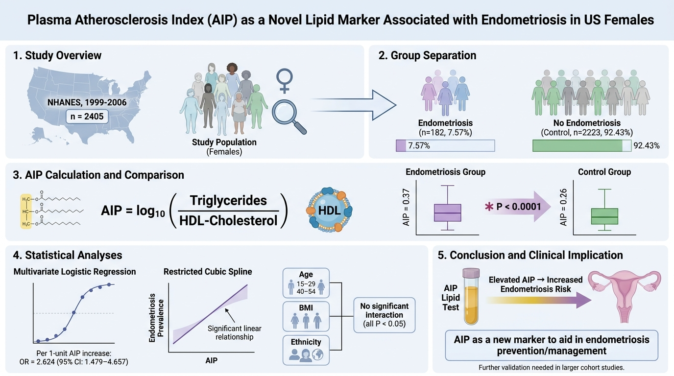 A scientific infographic about Plasma Atherosclerosis Index (AIP) as a marker for endometriosis risk in US women. It includes maps, charts, and study data highlighting group separation, AIP calculation, statistical analysis, and clinical implications