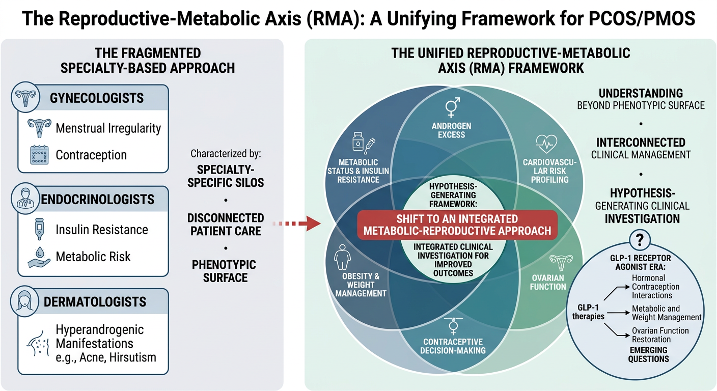 Diagram comparing the fragmented specialty-based approach to the unified reproductive-metabolic axis framework for PCOS/PMOS. The left side shows specialists like gynecologists, endocrinologists, and dermatologists with their focus areas. The right s