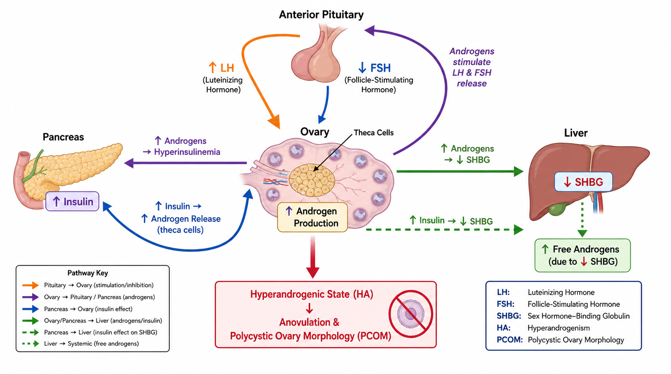 Diagram of hormonal regulation involving the pituitary gland, ovaries, pancreas, and liver, showing the effects of hormones like LH, FSH, insulin, and androgens on each organ, and pathways leading to hyperandrogenism and polycystic ovary morphology.