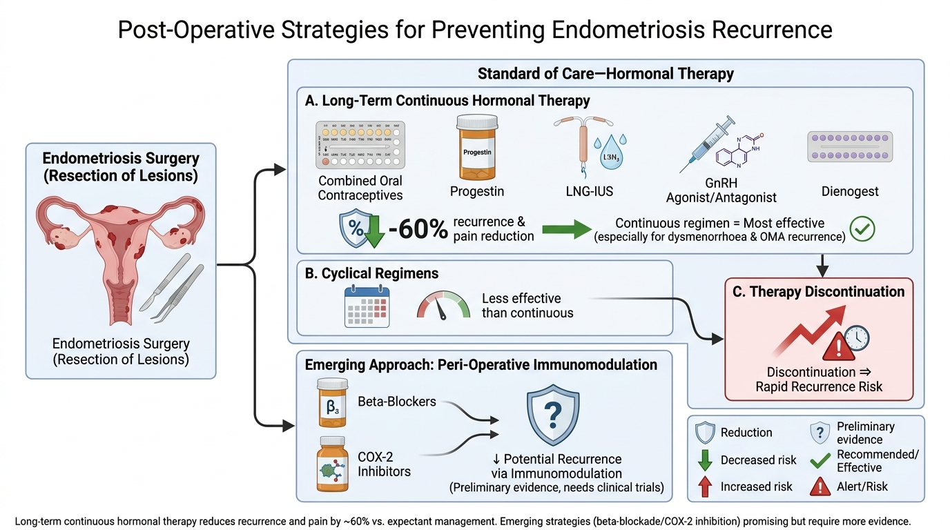 Flowchart illustrating post-operative strategies to prevent endometriosis recurrence. It shows endometriosis surgery leading to three approaches: hormonal therapy, cyclical regimens, and emerging immunomodulation. Hormonal therapy includes combined o