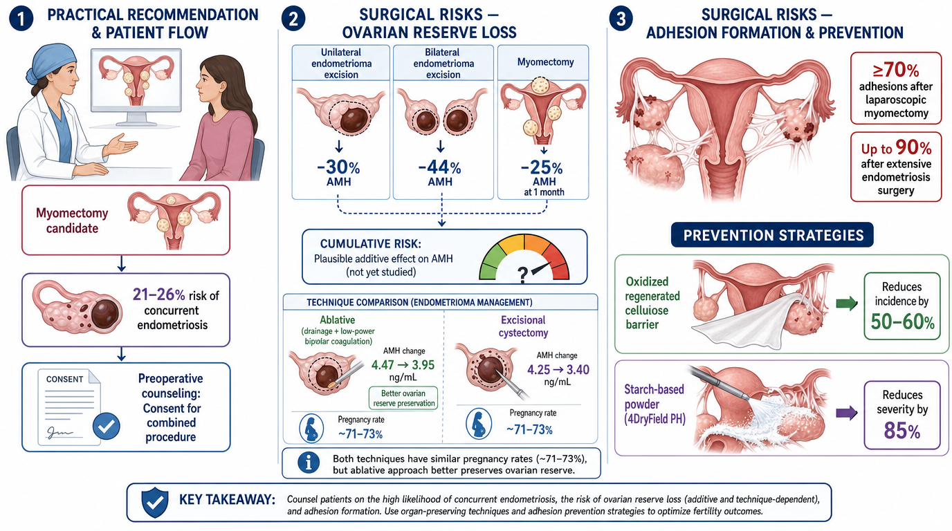 Diagram presenting guidelines on ovarian endometriosis treatment, including patient counseling, surgical risks, and prevention strategies. Sections cover endometriosis management options, risks of ovarian reserve loss from excision and myomectomy, an