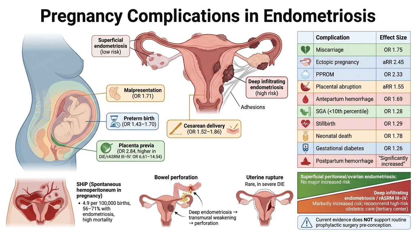 Diagram showing pregnancy complications associated with endometriosis, including superficial endometriosis, malpresentation, preterm birth, placenta previa, cesarean delivery, deep infiltrating endometriosis, and adhesions. It also includes risk fact