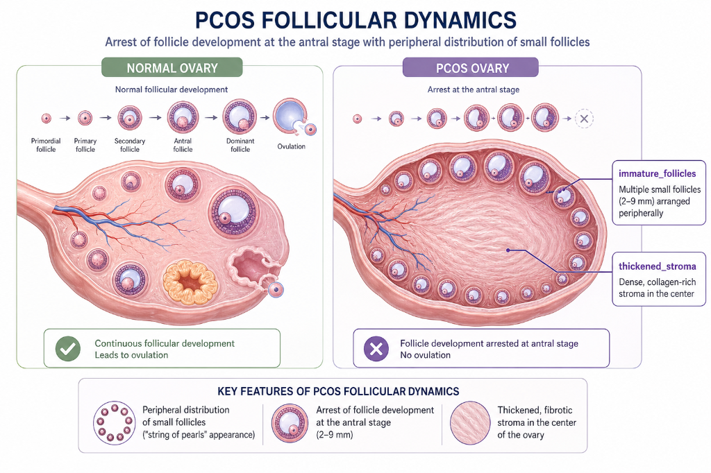 Diagram comparing normal ovary with PCOS ovary, showing follicular development stages, immature small follicles arranged peripherally, and thickened collagen-rich stroma in PCOS ovary.