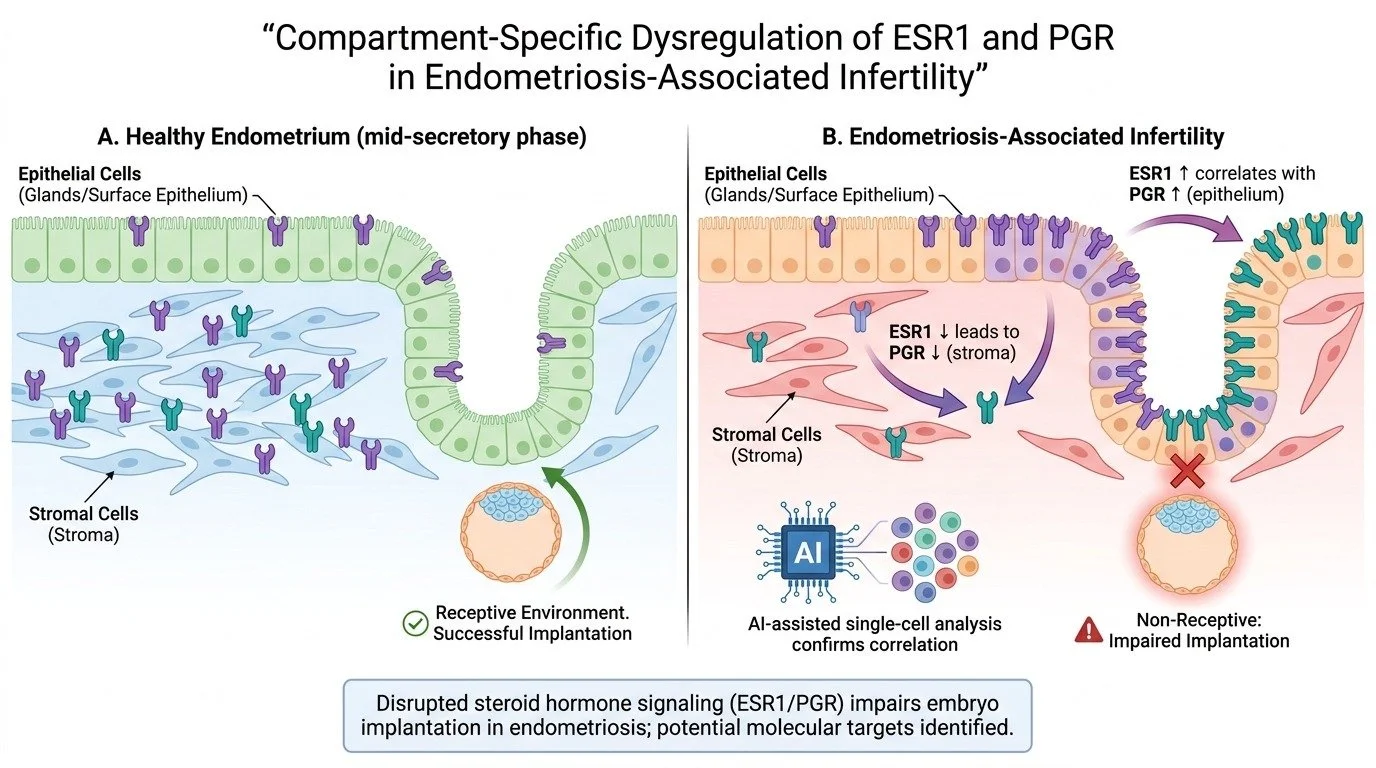 Diagram comparing healthy endometrium and endometriosis-associated infertility. Left shows healthy tissue with normal epithelial and stromal cells and successful embryo implantation. Right shows endometriosis with altered cell interactions, decreased