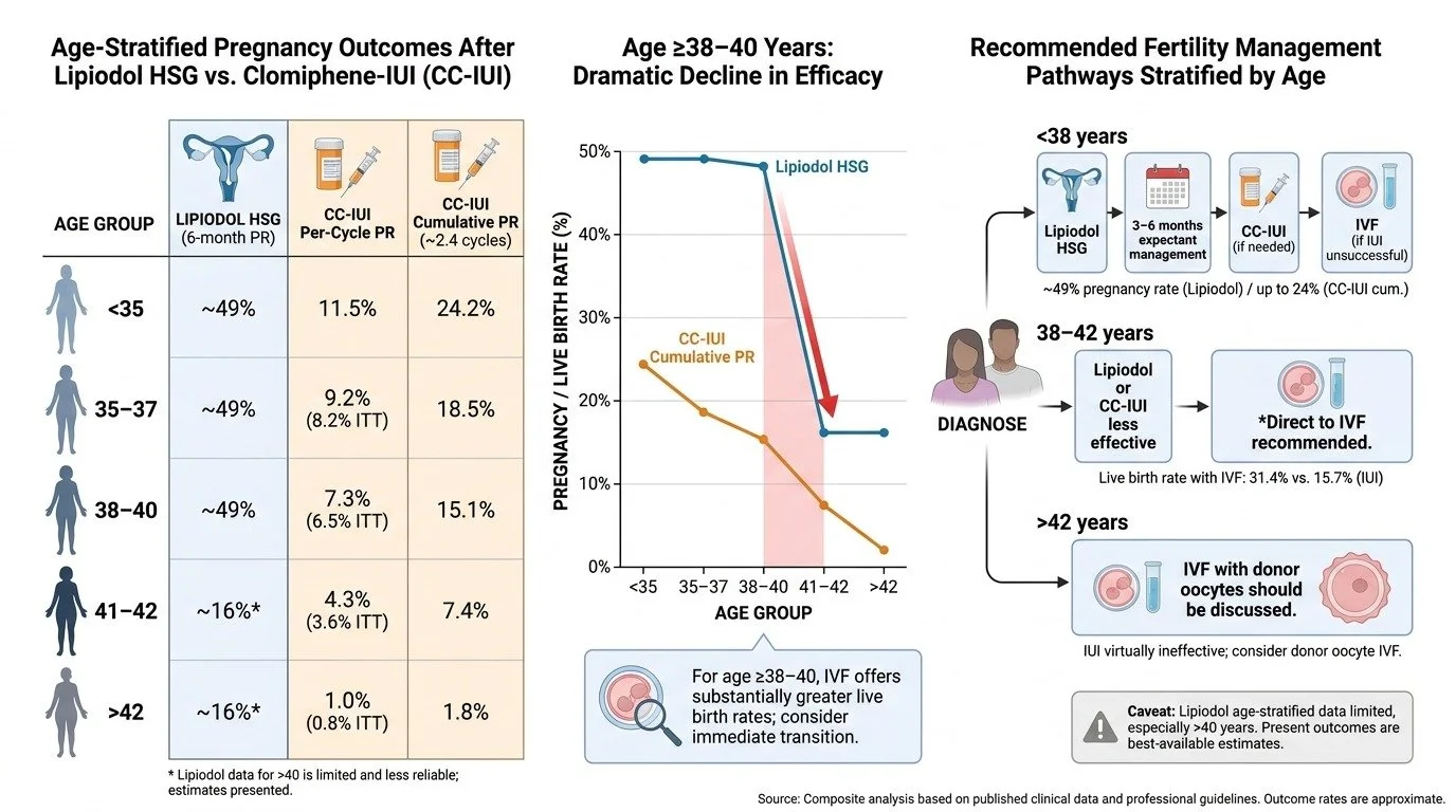 A detailed infographic comparing pregnancy outcomes and fertility treatment recommendations based on age, including graphs, tables, and icons.