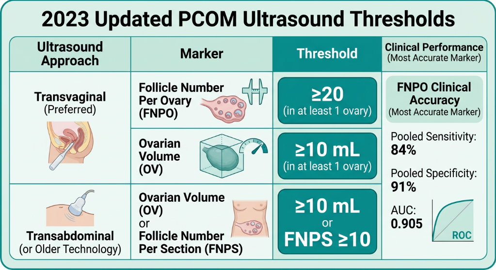 Chart of 2023 updated PCOM ultrasound thresholds for transvaginal and transabdominal approaches, detailing markers, thresholds, and clinical performance metrics.