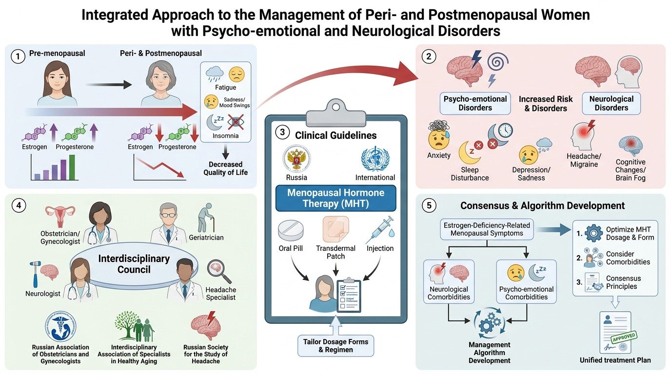 Diagram illustrating the integrated approach to managing peri- and postmenopausal women with psycho-emotional and neurological disorders. It includes pre-menopausal and peri- and postmenopausal stages, hormonal changes, clinical guidelines, use of me