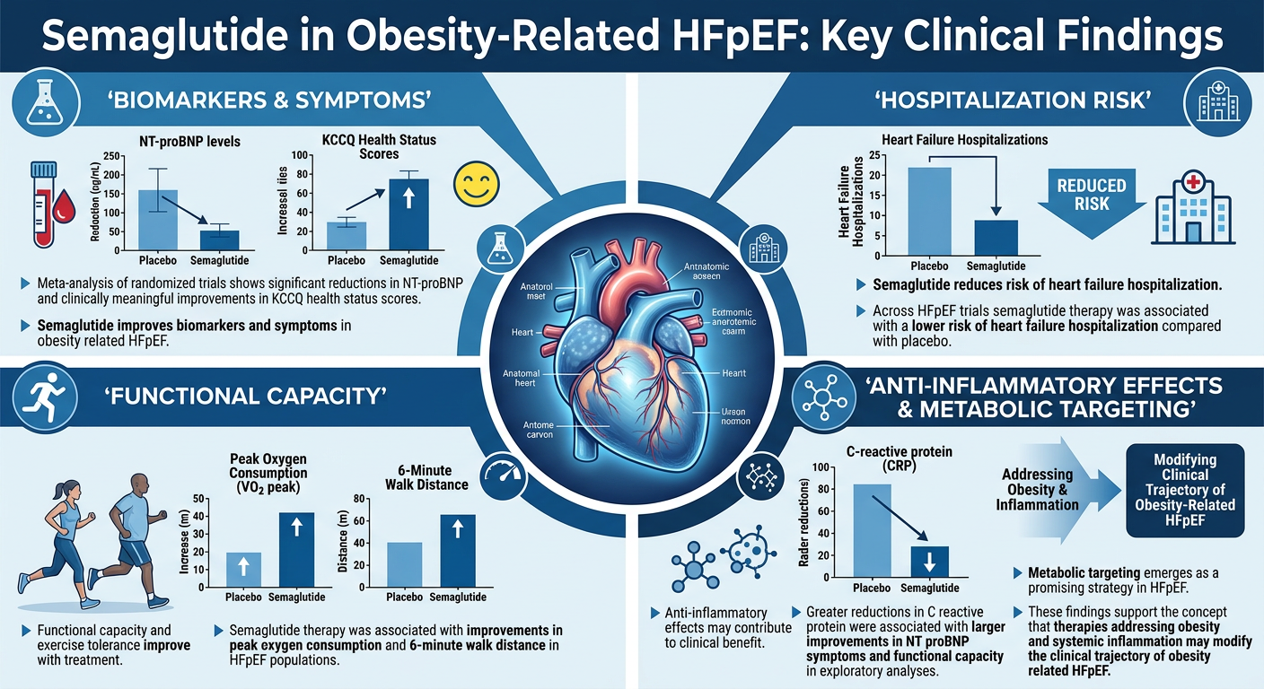 An infographic titled 'Semaglutide in Obesity-Related HfPEF: Key Clinical Findings' with four sections highlighting biomarkers and symptoms, hospitalization risk, functional capacity, and anti-inflammatory effects and metabolic targeting. The biomark