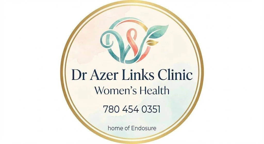 Logo for Dr. Azer Links Clinic, Women's Health, featuring a stylized heart with a leaf, contact number, and tagline 'home of Endosure'.