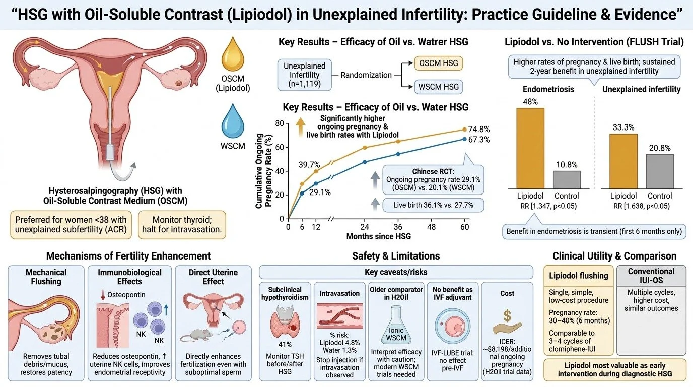 A medical infographic about HSG with oil-soluble contrast medium in unexplained infertility, showing diagrams of female reproductive organs, key results comparing oil versus water HSG, and charts on pregnancy rates, mechanisms of fertility enhancemen