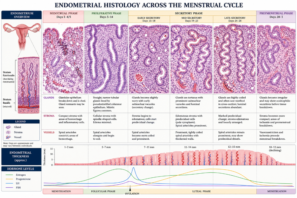 A detailed chart showing endometrial histology across the menstrual cycle, including phases from menstrual to premenstrual, with diagrams and descriptions of glands, stroma, vessels, endometrial thickness, and hormone levels.