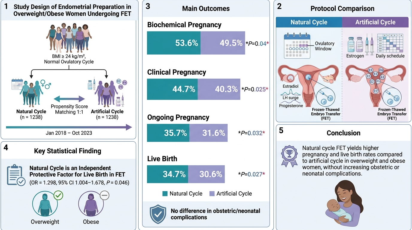 A research poster titled 'Study Design of Endometrial Preparation in Overweight/Obese Women Undergoing FET' includes sections on protocol comparison, main outcomes, key statistical findings, and conclusion. It compares natural and artificial cycles i