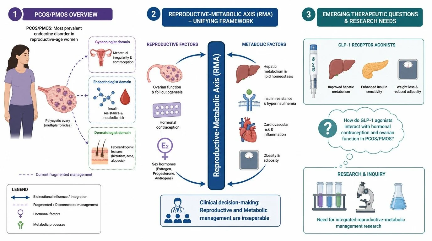 Diagram of polycystic ovary syndrome (PCOS) overview, reproductive-metabolic axis framework, and emerging research questions. Includes sections on PCOS/PMOS prevalence, reproductive and metabolic factors, hormone influences, and therapeutic research 