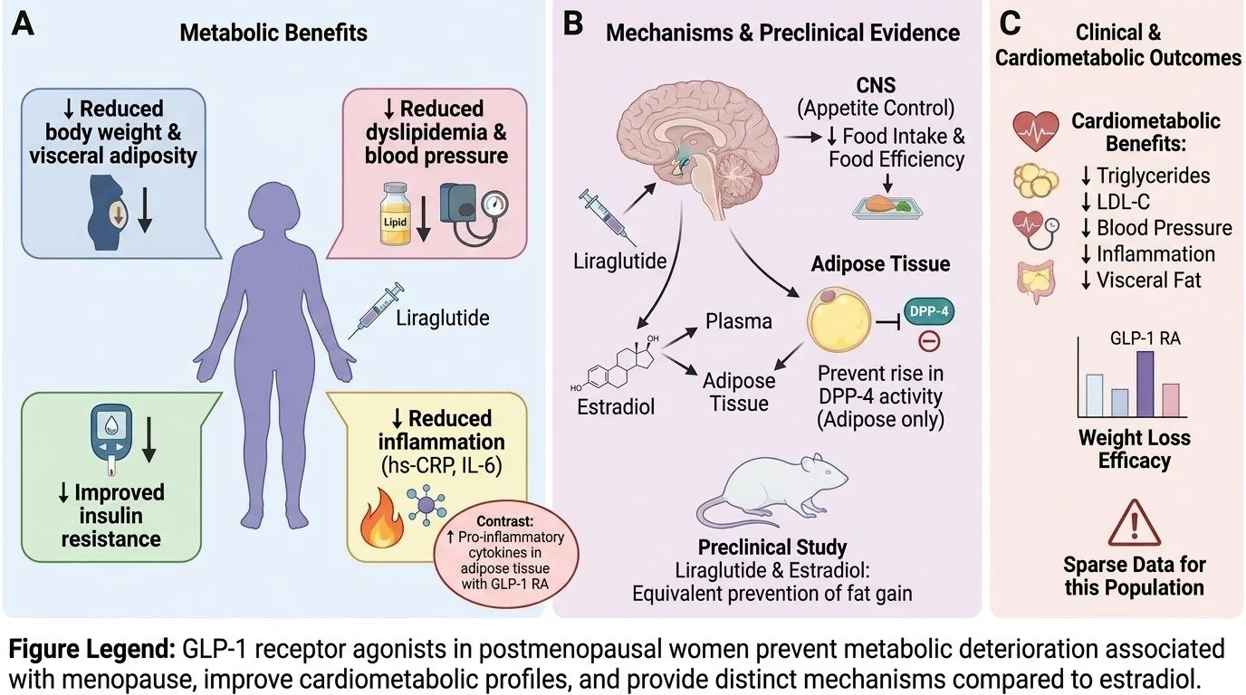 Diagram explaining how GLP-1 receptor agonists benefit postmenopausal women by reducing body weight, visceral adiposity, dyslipidemia, blood pressure, inflammation, and insulin resistance. The diagram includes sections on metabolic benefits, mechanis