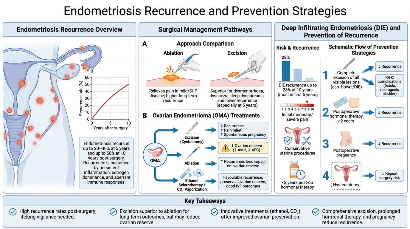 An infographic titled 'Endometriosis Recurrence and Prevention Strategies' with three sections. The first section overview shows a diagram of the female reproductive system highlighting endometriosis recurrence rates over 10 years with a graph. The s