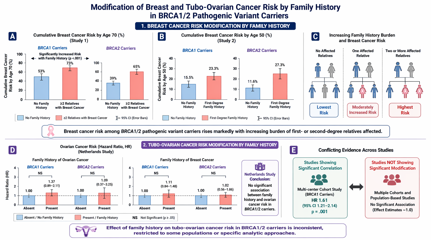 Charts comparing breast and ovarian cancer risk by family history, including risk percentages, hazard ratios, and conflicting evidence across studies.