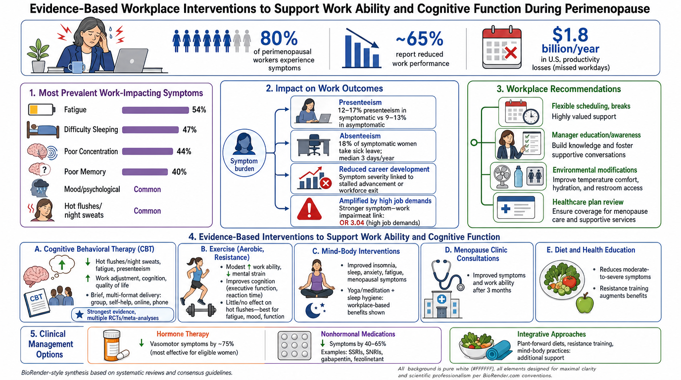 An infographic titled 'Evidence-Based Workplace Interventions to Support Work Ability and Cognitive Function During Perimenopause' showing statistics, symptoms, and recommendations. Key points include 80% of perimenopausal workers experience symptoms