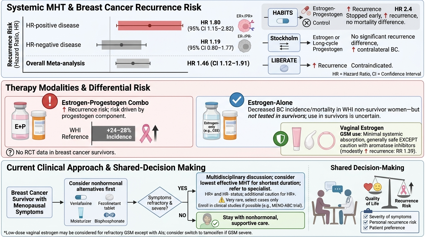Clinical infographic on systemic MHT and breast cancer recurrence risk, therapy options, and decision-making process, including diagrams and text boxes.