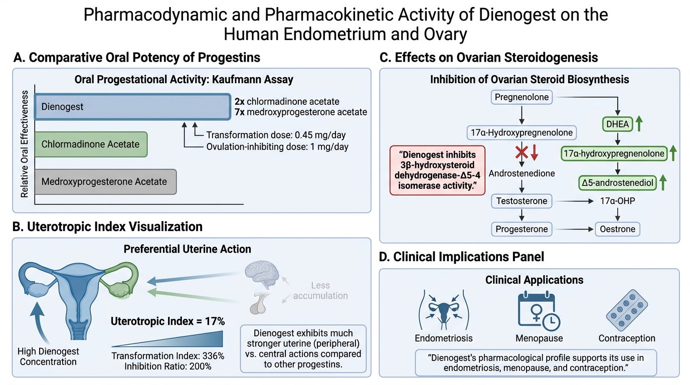 A scientific chart presenting pharmacodynamic and pharmacokinetic activity of dienogest on the human endometrium and ovary, including sections on comparative oral potency of progestins, effects on ovarian steroidogenesis, uterotropic index visualizat