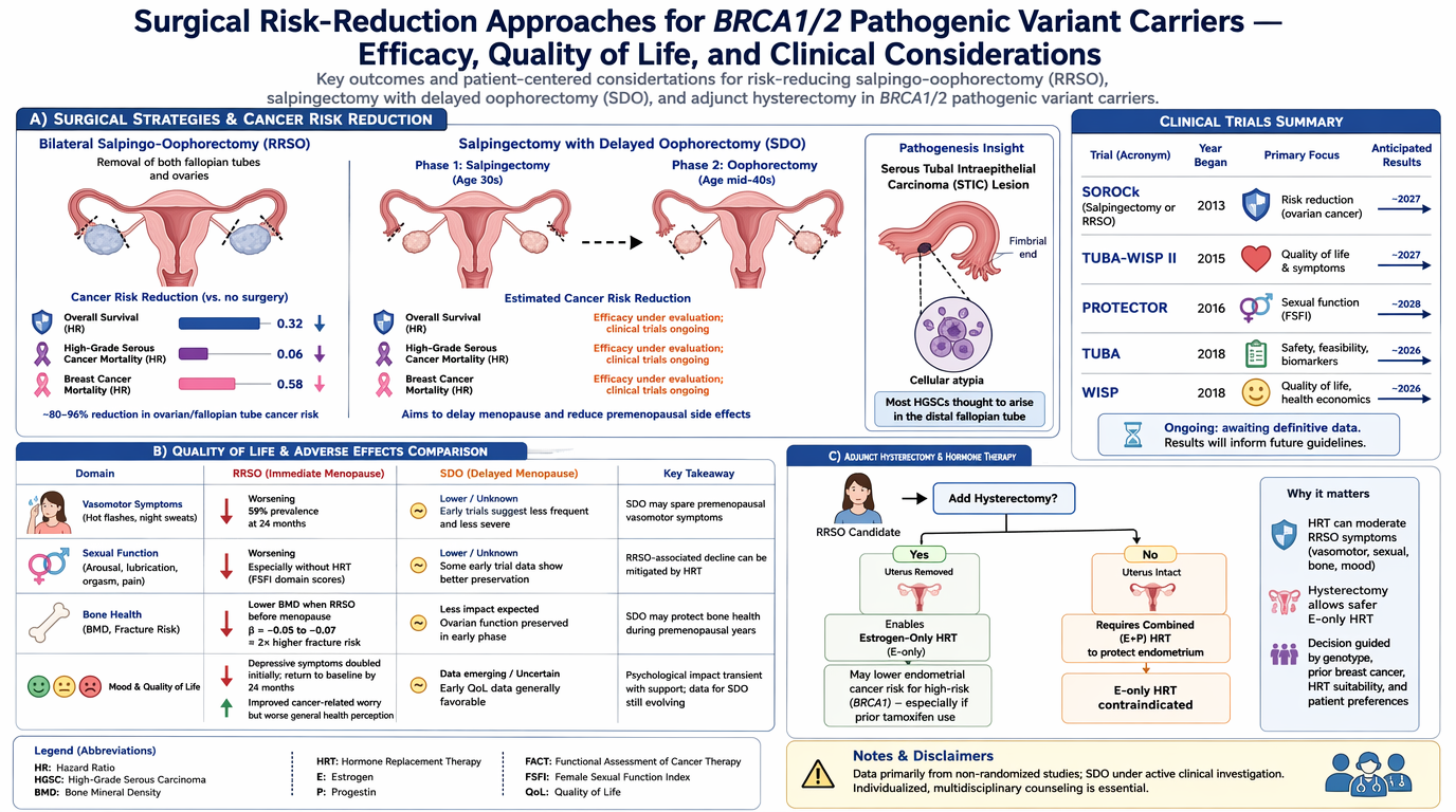 A detailed infographic comparing surgical risk-reduction strategies for BRCA1/2 pathogenic variant carriers, including bilateral salpingo-oophorectomy (RSRO), salpingo-oophorectomy with delayed oophorectomy (SDO), and adjunct hormone therapy. Section