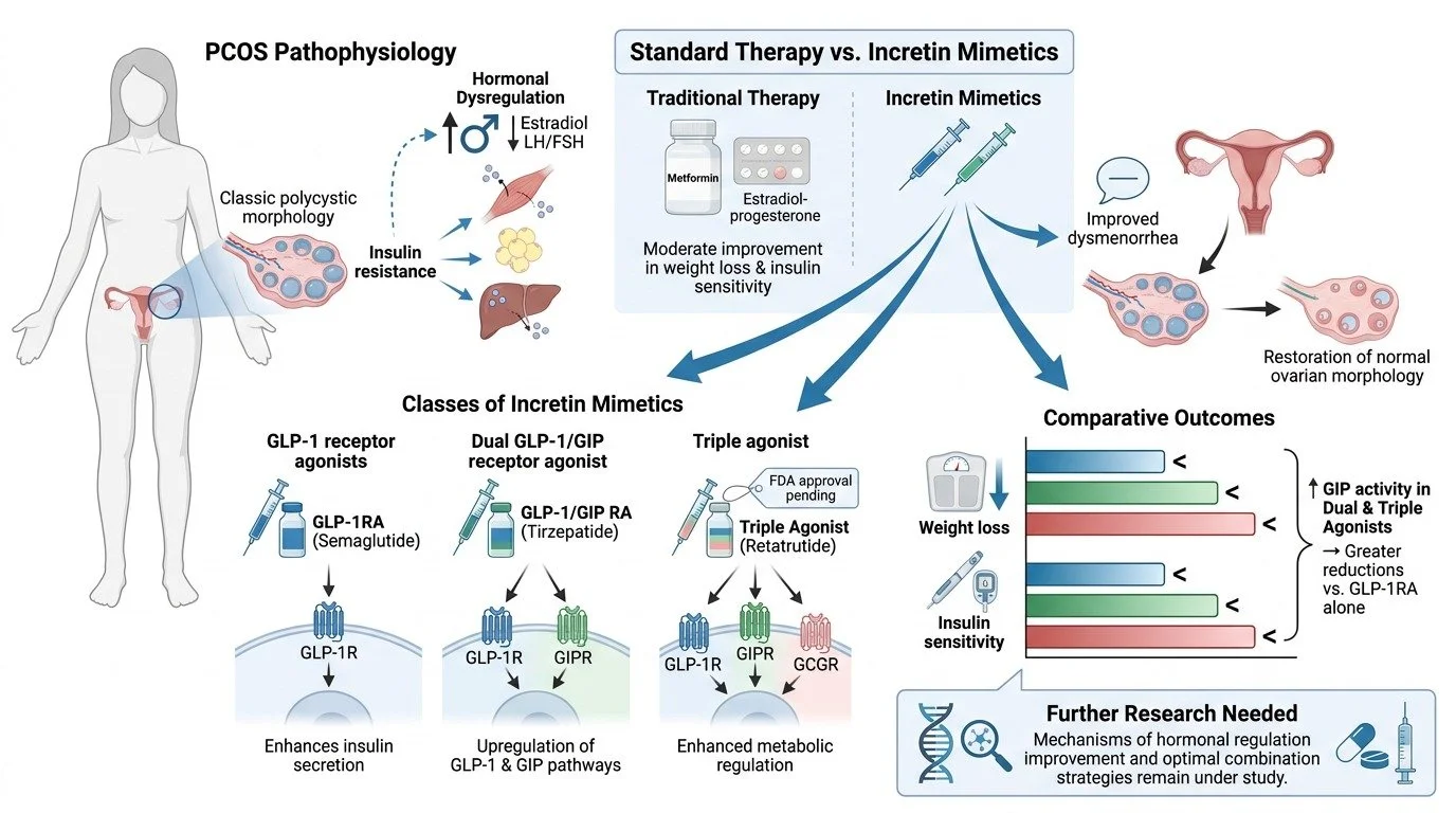 Diagram comparing traditional therapy with estradiol-progesterone and incretin mimetics for PCOS, showing effects on ovarian morphology and GIP activity, including classes of incretin mimetics, outcomes like weight loss and insulin sensitivity, and a